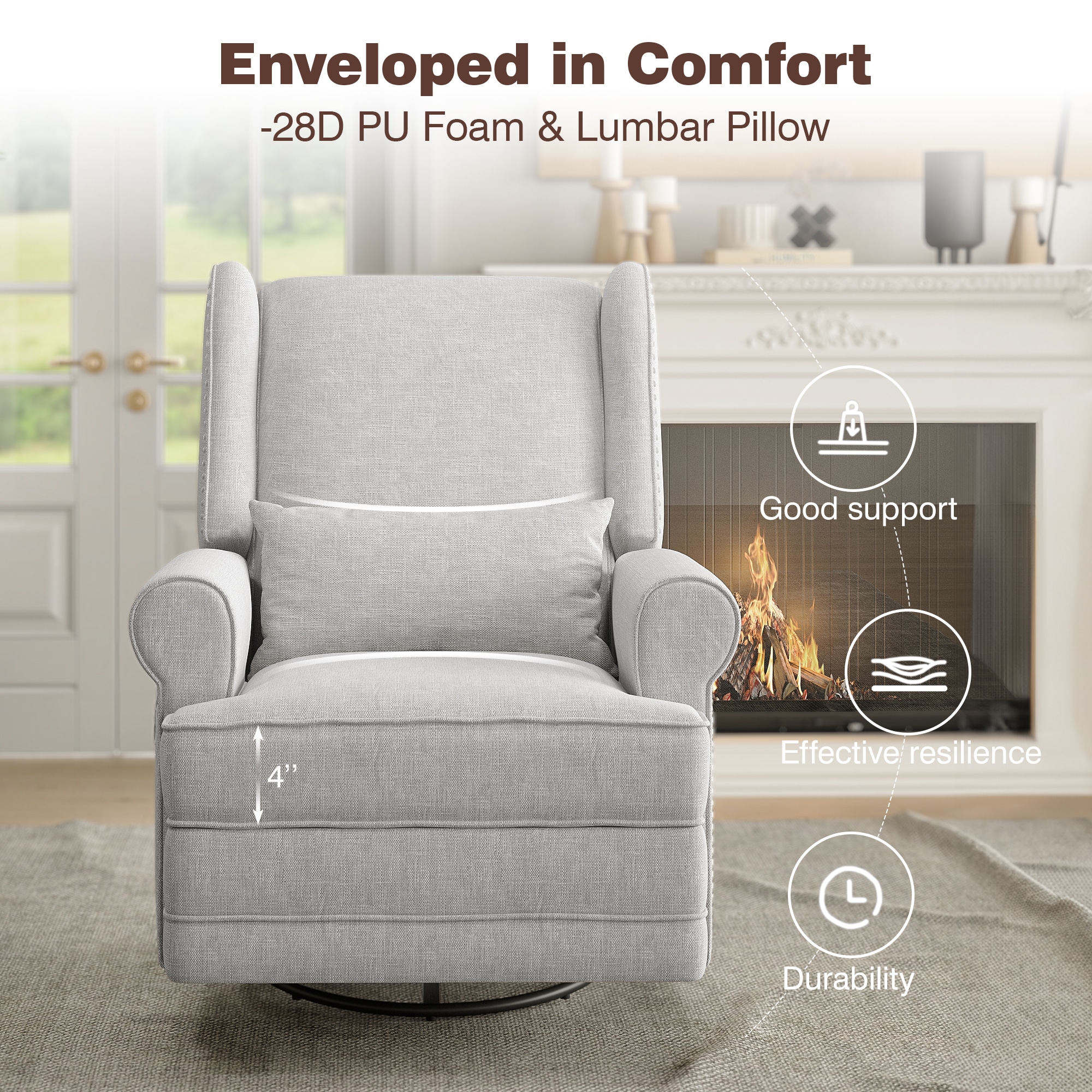 Swivel Recliner Chair, Comfy Glider Rocking Chairs With Lumbar Pillow And Footrest, Upholstered Swivel Rocking Chair For Bedroom,Nursery,Light Gray_maomaolike.com